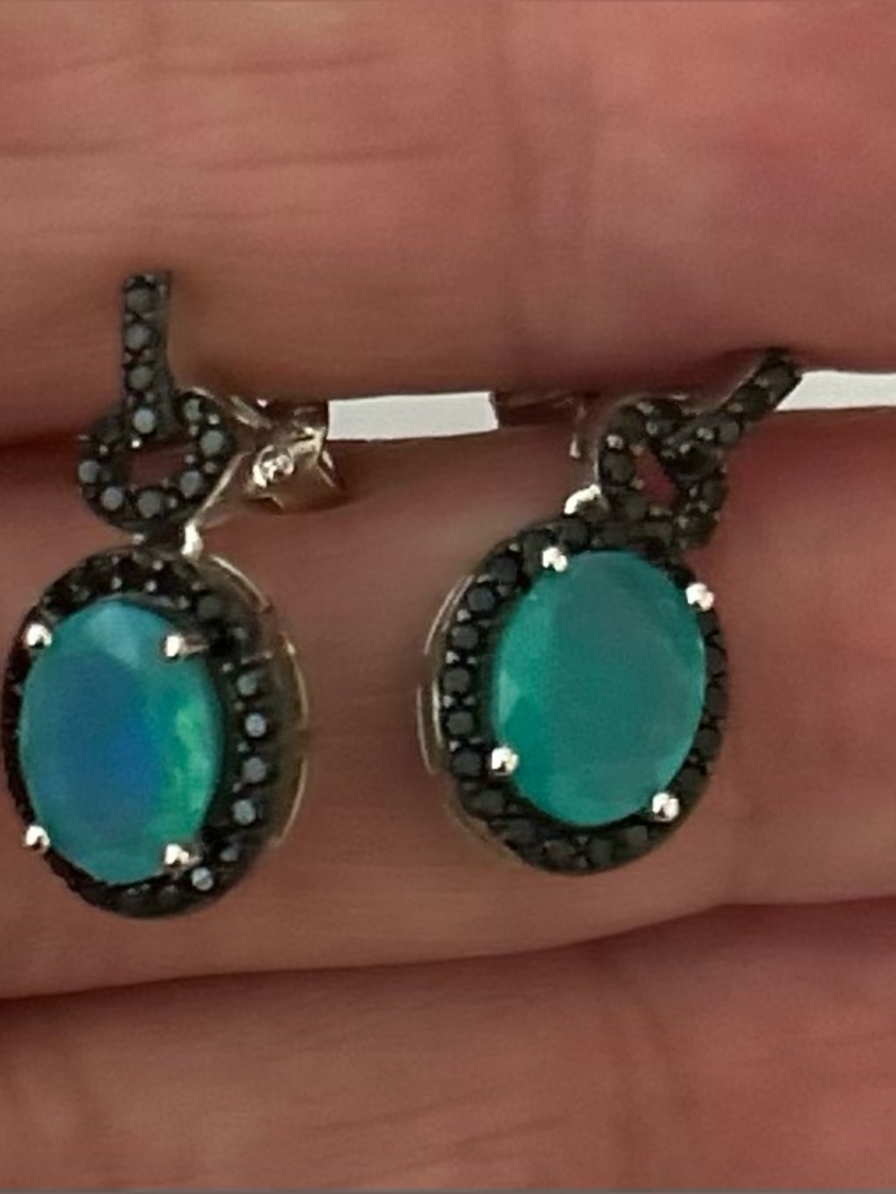 NWT JTV Blue Opal Black Spinel Rhodium Sterling Silver Earrings